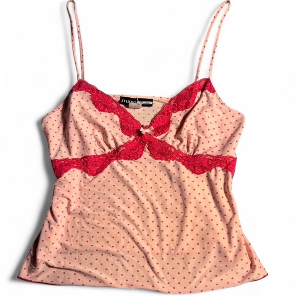 Studio Donatella Tops - Studio Y Women's Pink Polka Dot Lace Trim Top